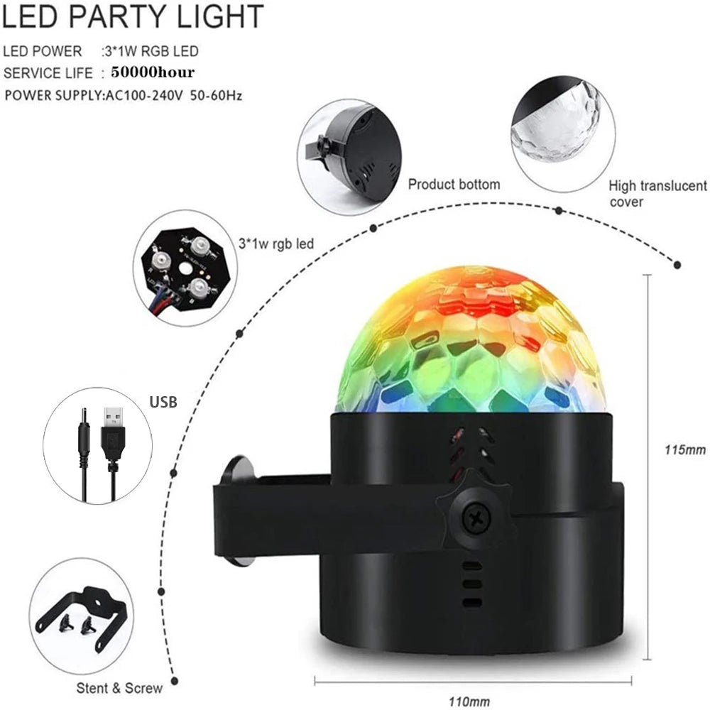 GrooveSphere: USB Mini Disco Ball Light with RGB LED Voice Activation