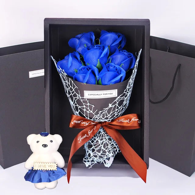 Valentine'S Day Artificial Flowers 7 Rose Soap Bouquet Gift Box Teddy Bear Flower Creative Valentine'S Day Gift Home Decor