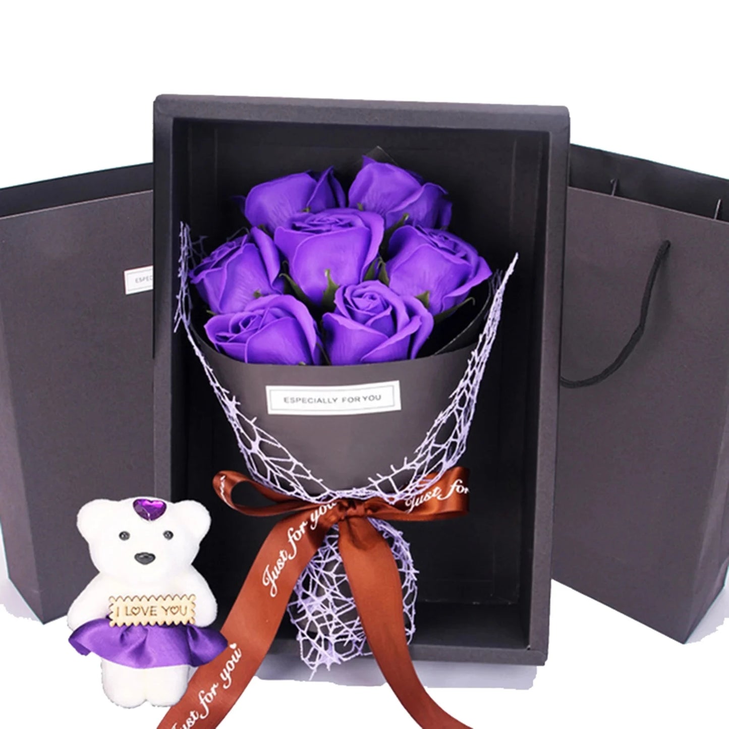 Valentine'S Day Artificial Flowers 7 Rose Soap Bouquet Gift Box Teddy Bear Flower Creative Valentine'S Day Gift Home Decor